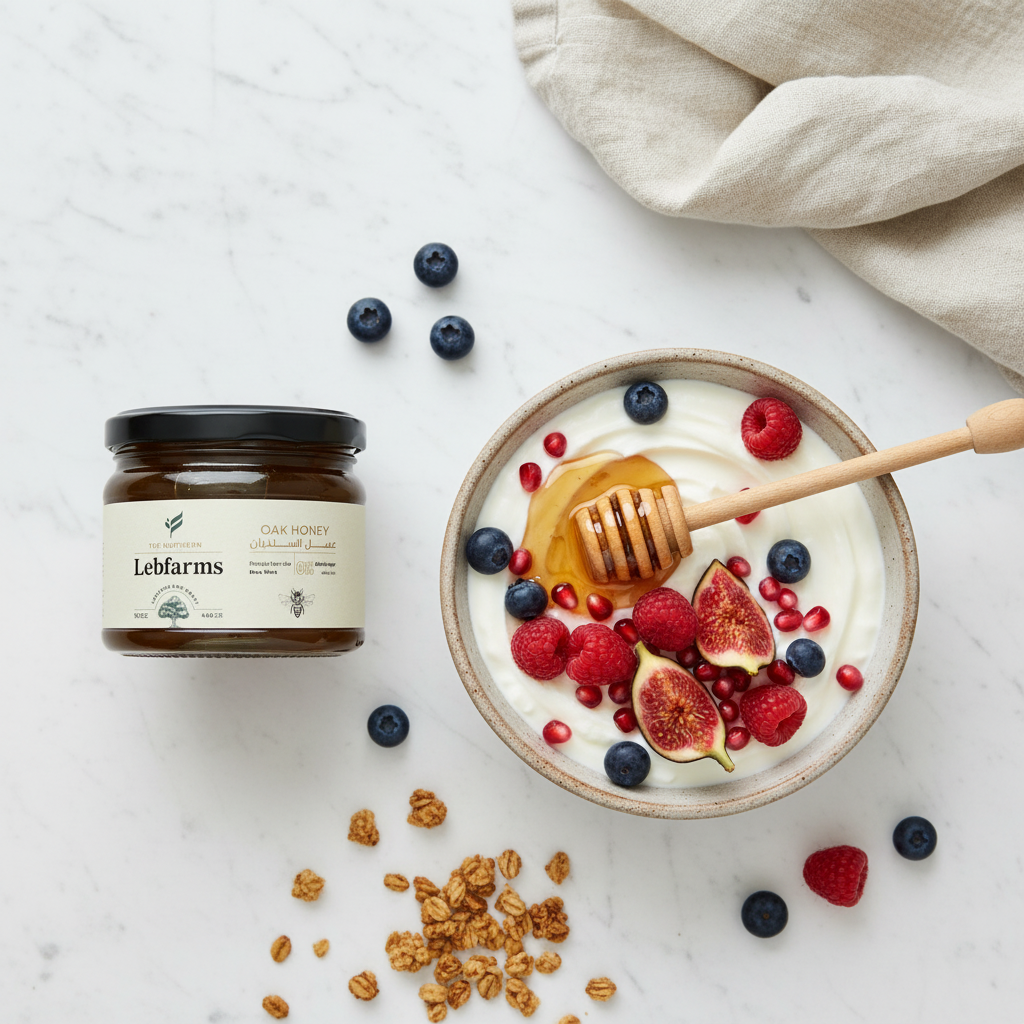 Oak Honey with Fruit and Yogurt - Overhead View